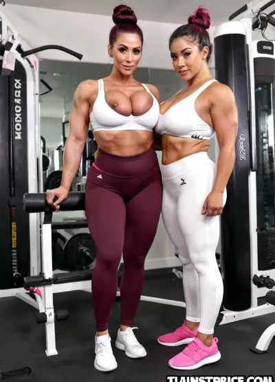 white woman, 45 years old woman, athletic weight lifter, toned body, slim and curvy woman, pretty face, dark burgundy hair, top knot hair, large natural boobs, hairy black pussy, tight white sports bra, tight black sports hot pants, pink athletic shoes, in a gym, looking at viewer, huge muscular black man, man stands next to woman