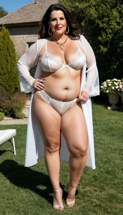 old mature, sexy 50 years old, dark brunette, long wave hair, big hoop earrings, necklace, very chubby fat bbw, very tall, gold necklace, at the yard, sunny day, looking at the camera, cellulite legs and culottes, naked, naught smile face, full body view, stiletto, long legs, showing stiletto, foot fetish, open legs, front view, big size feet, very high waisted white lingerie, extreme high waisted lingerie, long sleeve sexy lingerie, bride costume, bride, walking towards the camera
