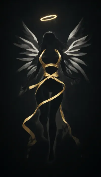 Gorgeous slender woman, large breasts, lean waist, big ass, Wide hips, thick thighs, toned legs, flat stomach, (long hair:1.4), (no light source:2), (silhouette outline:2), solid black background, (floating:1.2), legs straight down, (feet pointed), (wearing in golden ribbons:1.4), (wearing soft glowing golden earrings), (angel wings:1.3), (wearing single golden halo:1.3), bending forward, one leg up, motherly, wearing long flowing gold silk dress