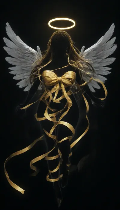 Gorgeous slender woman, large breasts, lean waist, big ass, Wide hips, thick thighs, toned legs, flat stomach, (long hair:1.6), (Glowing golden hair:1.1), (no light source:2), (silhouette outline:2), (floating:1.2), (feet pointed), (wearing golden ribbons:1.8), (wearing soft glowing golden earrings), (huge angel wings:1.3), (wearing single golden halo:1.3), bending forward, one leg up, motherly, (glowing golden line tattoos:1.9), angelic