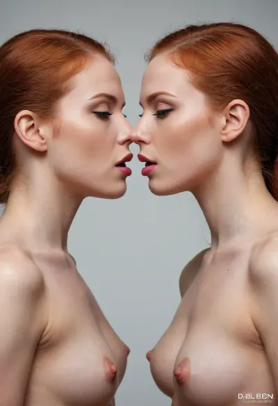 full body shot, symmetrical, perfect symmetry, two 18 yo red head identical twins, nude, passionate kissing, fingering vagina, touching each other, sensual, lovers, identical twins, high detail faces, Ultra-Realistic Photography, Flickr Trending, Pinterest Trending, Insanely Detailed & Intricate, Realistic, Authentic, Genuine, Natural, Cinematic Lighting, Dramatic, Theatrical, Atmospheric, Evocative, Mood Setting, Award Winning Photography, Acclaimed, Recognized, Famous, Honorable, Award Winning, Sharp Focus, Crisp, Clean, Precise, Clear, Distinctive, Masterpiece Photography, Iconic, Exceptional, Unusual, Stunning, Gorgeous, Studio Photography, Controlled, Polished, Professional, Exquisite, Perfect, Nikon, High Quality, Reliable, Durable, Precision Engineering, Cutting Edge, Unfiltered Photography, Natural Looking, Unedited, Raw, 8K Photography, High Resolution, Crystal Clear, Ultra Detailed, Breathtaking, Realistic Skin Texture, Photorealistic, Hyperrealistic, Hyperrealism, Very Realistic, Extremely Realistic, Highly Accurate, Stunningly Accurate, Highly Detailed, Intricate, The highest quality image that showcases photorealism with vibrant light and dynamic pose. The details are intricate and crystal clear, making it a masterpiece in ultra-high resolution. Indirect lighting enhances the realistic material texture and fine details. The background is detailed, and the subject is captured in a full-size photograph with the entire body visible. 85mm lens, 4k, Canon 5D, ZEISS lens, high quality, sharp focus, shot on Canon EOS R6, 135mm, 1/1250 sec, f/2.8, ISO 400, ALL SIZE PHOTO, full body visible
