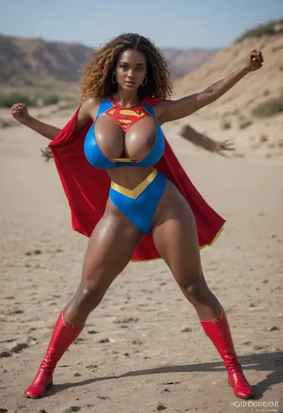 Photorealistic, (blackskin, black skin african supergirl:1.5), (massive breasts, gigsntic tits, huge boobs, firm boobs round breasts:1.1), tiny waist, big ass, huge ass, ginger hair, supergirl outfit, sexy, fighting pose, fullview, full length