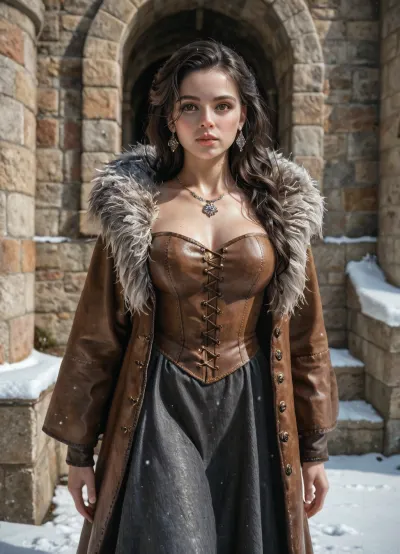 18 years old Spanish girl, porcelain tone skin, innocent look, very long black medieval dress, brown leather boots without heels, simple silver necklace around her neck, grey wolf fur cape around her shoulders, round A size breasts, alone, earrings, jewelry, front view, facing forward, thin natural lips, very pretty, very long straight black hair, bulging intense brown eyes, heavenly nose, hair moving in the wind Walking through the outer battlements of a medieval castle with snowy ground, detailed background, <lora:580159_training_data:1>