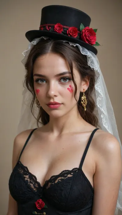a vibrant and intricately detailed illustration of a woman transformed into a Catrina, her face painted with a sugar skull design, adorned with ornate eyeliner, bold lip color, and a delicate lace veil, her dark hair styled in an updo, with a few loose strands framing her pale, porcelain-like complexion, wearing a long, flowing, black Victorian-style dress with lace and ruffles, and a statement hat resembling a mini top hat, complete with a delicate veil and a large, crimson rose on the side, set against a warm, golden-brown background with subtle, gradient-like highlights, evoking the spirit of Dia de los Muertos, with a sense of mystique, luxury, and old-world elegance.