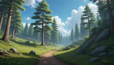 A beautiful wallpaper in the style of miyazaki, this is a nice landscape of a forest with a nice blue sky lights