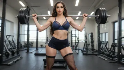 (A gym setting with exercise machines and mats, High quality, professional photography), (tall 30-year-old girl, very long beautiful legs, long straight chestnut hair, angular face with prominent cheekbones, brown eyes, seductress, medium breast size 30C, full hips, curvy hips), (body is fully visible, high heels are clearly visible, body is completely in the frame), (dark blue transparent bra, transparent Workout mini shorts, black fishnet thigh-highs 10 den), (She is lifting dumbbells in a standing bicep curl exercise.)