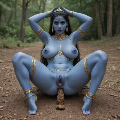 indian goddess, (dark blue skin:1.3), four arms, multiple arms, big boobs, golden accessories, blue skin, golden jewellery, tiara, natural breast, (giant:1.3), gaping nipple, (:1.3), giant gaping nipple, giant gaping nipple show pussy, poop out of her anus