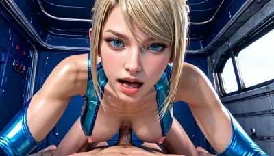 ((((3d graphics)))), (beautiful face:1.4), (incredibly sexy face:1.6), 1 samus aran fucking viewer in pov, on space ship, (detailed erotic face), she looks at viewer, 18 year old blonde instagram supermodel bombshell, strict blonde Hair ponytail, zero suit samus exposing breasts, (on all fours), big Fake lips, silicone lips, skinny, (perfect massive tits:1.6), bangs hair, black eyeliner, (massive orgasm:1.4), (focus on face), (teenager:1.5), (young body:1.3), (cowgirl position), (skinny body:1.2), thin, rich lipstick, (entire cock penetrating into her vagina), absolutely massive creampie, close-up, masterpiece, quality, UHD 8k