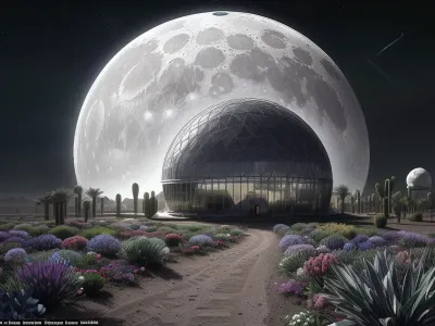 In 2065, on the moon, a splendid garden is sheltered under a ultramodern gigantic glass parabolic dome, it is the only natural place left in the moon, (several tens of kilometers in diameter:1.4), (a sprawling garden inside and a the moon's desert outside), (seen from afar:1.5), <lora:Background_Detail_v3:.5>, <lora:more_details:.5>