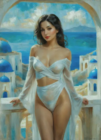 Oil painting quality, Wooden painting frame, of Persian Girl, hip-length black wavy hair, curvy girl, in a white transparent off shoulder robe, poses like a slut, professional pose, perfect hands, flawless fingers, white walled Greek village, blue domed roofs, <lora:EnvyAnimeOilXL01:1.2>