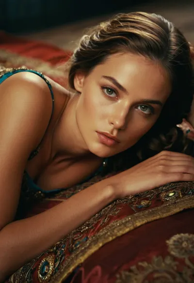 beautiful woman laying on stomach, sgdress, <lora:sgdress:.5>, <lora:281982_training_data:.5>, edgJG, fashion, wearing, edgJG_style, clothing, <lora:edgGallianoXL:.5>, sidewayass, <lora:sidewayass:.5>