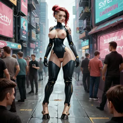 a cyborg redhair woman with robotic body except her boobs and pussy, excybertechsdxl, full body shot, Robot, Skin, Android, breasts, cutout, clothing, nipples, cyberpunk city, crowd, hooves, cyber hooves, ((absurdly tight waist)), clitoris, ((vulva)), <lora:robot_skin_XL_1.0.6:.6>, <lora:excybertechsdxl:1.1>, <lora:2BoutOvalSDXL2-000002:1.2>, <lora:Microwaist_XL_v01:2>