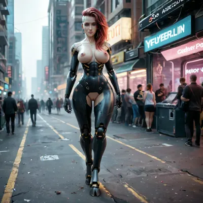 a cyborg redhair woman with robotic body except her boobs and pussy, excybertechsdxl, full body shot, Robot, Skin, Android, walking in cyberpunk city, crowd, hooves, cyber hooves, ((absurdly tight waist)), clitoris, ((vulva)), <lora:robot_skin_XL_1.0.6:.6>, <lora:excybertechsdxl:1.1>, <lora:Microwaist_XL_v01:2>, ((robotic body))