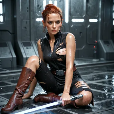 Mara Jade, Star Wars, redhead, in her iconic tight, sleeveless black suede jumpsuit and knee-high brown boots holding a blue lightsaber, torn clothes, wet body.