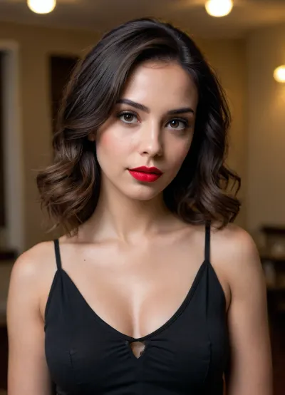 The image shows a close-up of a woman's face, with her hair styled in loose waves that fall over her shoulders. pentagonal face, dark hair small chin, large honey-colored eyes, wide but small nose. She has dark, smoky eye makeup and red lipstick on her lips. Her eyebrows are well-groomed, eyebrows with little pigmentation, and she appears to be looking directly at the camera with a neutral expression. The background is blurred but seems to be an indoor setting with warm lighting that casts soft shadows on her face.