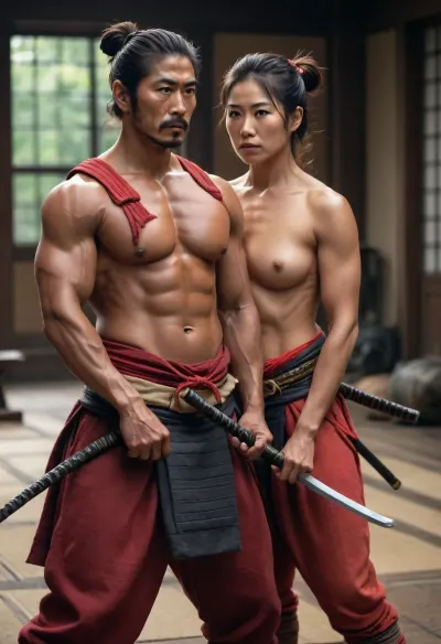 Two samurai beautiful muscle mommies