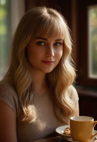 masterpiece, best quality, highly detailed, photorealistic, (intimate portrait of a breathtakingly beautiful young woman:1.2), (long silky ashe blonde hair with bangs and a defined fringe, hair cut in stylish textured waves), large expressive doe eyes, seductive eyes, long eyelashes, makeup model, subtle natural makeup, delicate facial features, (bashful flirty smile, looking up through eyelashes:1.1), (charismatic, adorable, irresistible, loving:1.2), soft natural lighting, golden hour, (sunlight streaming through window:1.2), (casting interesting shadows:1.1), shallow depth of field, bokeh, (cozy breakfast nook:1.3), (sunlit breakfast table:1.2), (window seat:1.1), (warm inviting atmosphere:1.1), (plants on windowsill:1), art by Annie Leibovitz, gentle expression, delicate hands, natural skin texture, flawless skin, simple elegant clothing, ziprealism, perfecteyes, <lora:PerfectEyesXL:.8>, sunnyrayyxo, <lora:sunnyrayyxo_v1_SDXLBase:.4>