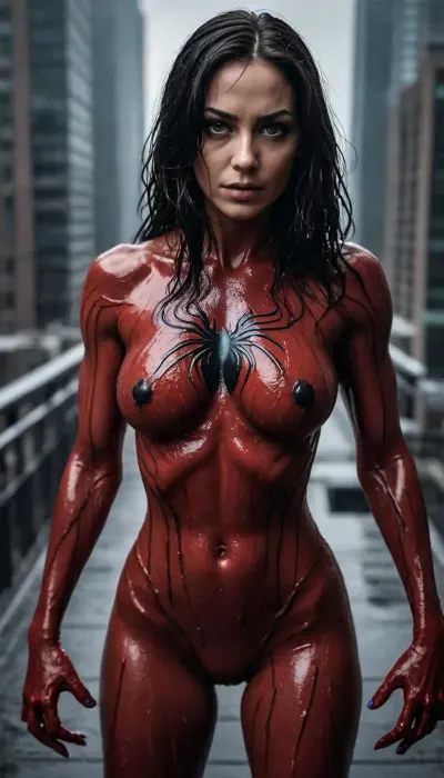 Carnage pluvieux : une femme de 40 ans qui se transforme en araignée-homme symbiote

- Oui.

Au cœur d'une ville dévastée par la tempête, une femme de 40 ans se tenait au sommet d'un immeuble. Son image RAW, capturée par un Canon EOS R3, l'a révélée dans une résolution 8k ultra haute. Avec les cheveux noirs léchés par la pluie et les yeux sombres qui brillent d'un mauvais regard, elle était plus qu'une femme. Son corps entier était couvert du symbiote de Carnage, l'araignée noire sur sa poitrine rayonnant de menaces. Musculaire et en forme, elle exsout la puissance en se tenant là, éclairée par la foudre, ses mains et ses pieds se terminant par des griffes pointues. La pluie est tombée sur ses cheveux mouillés, ajoutant un sentiment d'effroi à une scène déjà froide.