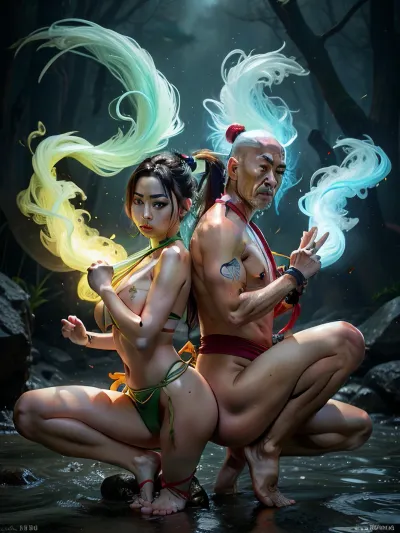 anime.comics .nude . realism. ultra. kunfu .tantra.. ninja. chi energy. A old man fog kungfu master and a woman stand next to each other in a state of combat kunfu, controlling streams of green smoke in the style of kung fu .the streams of sexual energy of all the elements.
Kung Fu dance with the elements It's all made up of smoke