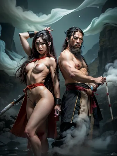 anime.comics .nude.beard and hair are long . realism. ultra. kunfu .tantra.. ninja. chi energy. A old man fog kungfu master and a woman stand next to each other in a state of combat kunfu, controlling streams of green smoke in the style of kung fu .the streams of sexual energy of all the elements.
Kung Fu dance with the elements It's all made up of smoke