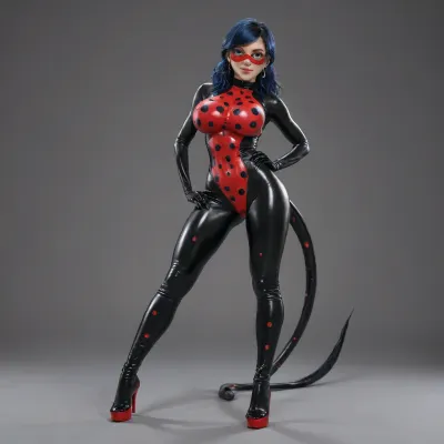 marinette from miraculous ladybug, black blue hair, long tails, beautiful face, tight red with black polka dots latex super hero suit, huge breasts, standing, full body, high heel pumps