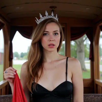 A gorgeous 45 yo skinny rail-thin luxurious chestnut hair mom sitting on a bench in an old-fashioned cart interior. Gorgeous aristocratic face. crying frightened shocked sad facial expression. Tears running down her face. Wearing a gorgeous sexy victorian black dress and a luxurious queen crown. Holding her tiny red panties in her hand. Fantasy world outdoors.
