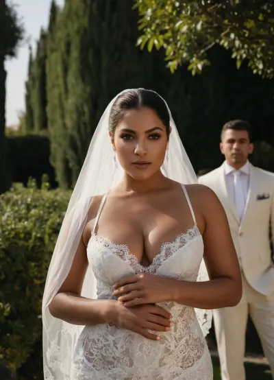 BBC, big black cocks, Full body shot of 5 black men, naked, they have Big black cock, very big, with big black cocks with prominent veins, big thick black cocks, standing in front of them is a beautiful curvy Iranian woman in a wedding dress and white stockings made entirely of thin lace. in a luxury Persian garden, daytime, blue hour time, Wind blowing through the bride's hair.
