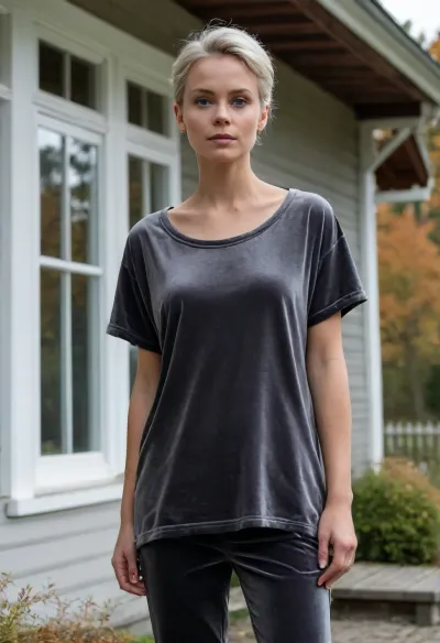 (masterpiece, best quality:1.2), 1 girl, swedish film character Rebecka Martinsson, solo, white thong, barefoot, (dark grey baggy oversized oval neck velvet t-shirt with short sleeves:1.4), outdoors, shoulder lenghth white blonde hair, bright ice blue eyes, short haircut with side parting, updo hair, Standing on the on the porch of a wooden Swedish weekend house in autumn landscape, she looks into the distance, serious look, she holds a cup of coffee, view from below, photorealism