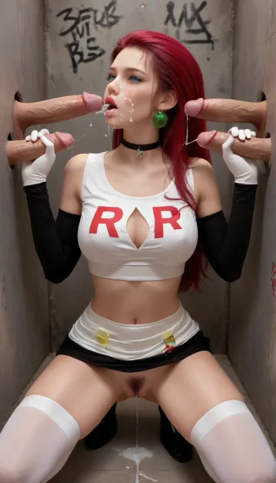 18yo, ((choker)), long hair, (dressed as jessie from pokemon), legs spread, massive hips and a penis reliving two dicks in a gloryhole, on her knees, blowjob, handjob, cum dripping her chin, lot of cum on face, cum on the floor, lots of cum, very hairy pussy, The gloryhole has brickack walls and lots of graffiti and tags, puffy, dark, ghost, wide, cum, on, face, jessie, hair, slicked, back, long, purple, blue, eyes, team, rocket, uniform, white, skirt, crop, top, thighhighs, elbow, gloves, pkjes, character, from, pokemon, large, breasts, big, boobs, huge, tits, panties, pulled, to, side, pussy, shaved, <lora:JustCum:.8>, <lora:158901_training_data:.5>, <lora:bombshell_v2:.5>, <lora:Pussy_pants_nohands_D03_realvizXL2_bucket_01-000010:.5>