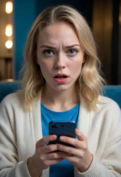 UHD 8K, (shy Christian girl sitting in an armchair and staring at her phone), (it is dark and her face is illuminated by the blue light her smartphone), (she is shocked and disgusted as she discovers that someone posted deepfakes of her on the Internet), (horror-struck), (night time), (her mouth is wide open in shock), (she is frowning), (she is extremely taken aback), (her gaze is locked her phone's screen), (realistic proportions), (perfect hands), surprised, look, girl, (girl frowning in disgust:1.5), (shocked:1.2), (hot bitch:1.2), (northern European), (dirty blonde), (freckles)