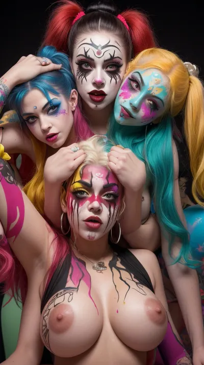 masterpiece, best quality, 2 girls, 2 women, juggalette, icp fan, pussy, pussy open, pussy spread, cum drip, cream pie, cum covered, sperm all over, face paint, icp face paint