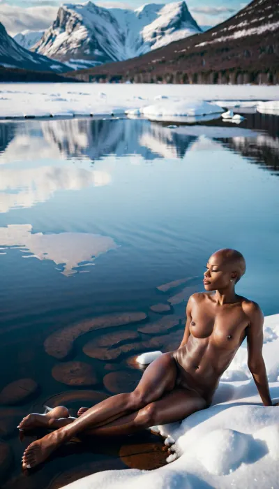 (fully hairles Alopecia universalis bald fuly naked body of African woman Full body shot of african black dark oiled skinned uganda woman 42 years old african an African woman kneeling by a river bank at night in a dark forest with a crescent moon shining. She is kneel at an outdoor with a fresh croissant and coffee. The female model is curvy with big hips.)