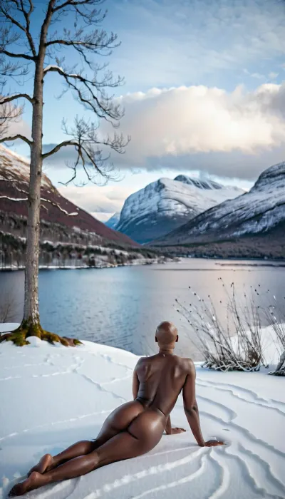 In the heart of a snowy landscape, fully hairles Alopecia universalis bald fuly naked body of African woman Full body shot of african black dark oiled skinned uganda woman 42 years old african an African womanA young dark-skinned woman, is lying on a snow frozen lake in norway.
Beach in norway in winter peacefully looking at the water with her whole body turned to the water, in a photorealistic visual, and high resolution. Her gaze is directed off to the side, her expression one of quiet contemplation. contrasts beautifully against the stark white snow. The background is a serene winter scene, with trees standing tall in the distance. A cabin nestles among them, adding to the rustic charm of the setting. The woman's position on the deck gives her an elevated view of this tranquil tableau. The lighting setup is natural and soft, with the sun casting a warm glow over the entire scene. The snow reflects the light, creating a bright and inviting atmosphere. The colors in the image are predominantly cool blues and whites. In this moment, the woman seems to be lost in thought.