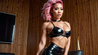 Professional photograph of a 40-year-old heavily muscular Asian woman with pink hair, shot from a low angle.
She is wearing a tight latex miniskirt and black thigh-high stockings, standing with hands on hips, swaying her hips. Her lips are slightly parted, finger resting playfully in her mouth.
muscular physique, slim waist, thick thighs and hips, exaggerated hourglass figure, provocative hip sway, seductive pose, teasing finger in mouth, dripping in desire, skintight latex miniskirt, black mesh stockings, slutty face, high heels towering stance