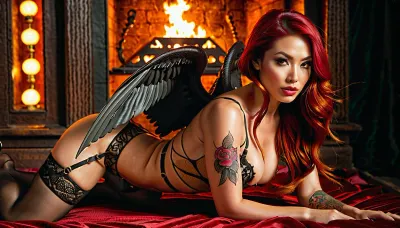 Erotic Cosplay Fantasy Shoot featuring a 24-year-old European-Asian woman with a powerfully built physique, poised on all fours with her succubus wings flared, wearing an open-lace dress that exposes her slick pussy, and a dreamy euphoric expression, fiery red hair, plus intricate chest tattoos. exaggerated hourglass figure, open-crotch stockings, cross-eyed with tongue out, muscular hourglass frame, seductive playful smirk, Black velvet torture chamber