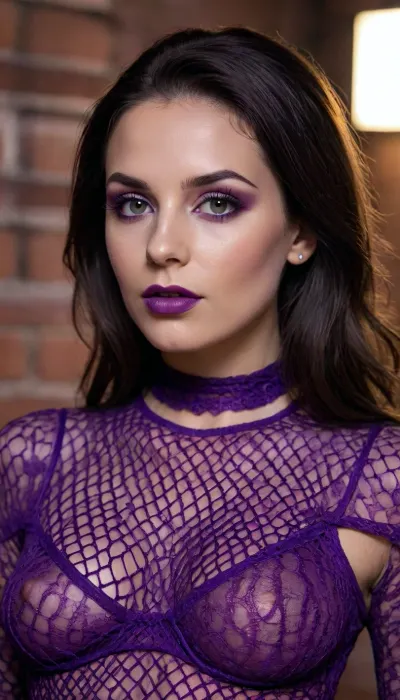 A close-up portrait of a beautiful dark haired 21 year old with a slim figure with a few curves and larger tits. She's wearing a bold purple fishnet garment that drapes over her face and upper body, creating an avant-garde aesthetic. The netting partially obscures their features, revealing glimpses of her eyes and lips. Dark nail polish and a delicate necklace add to the edgy yet elegant look. The background features a rustic exposed brick wall, contrasting with the vibrant purple fabric. Soft, directional lighting highlights textures and contours, enhancing the interplay between fabric, skin, and shadows for a striking and artistic composition., blacklight, makeup, braless, Wearing, clothes, that, make, sense, with, Braless>, ac_neg1, <lora:blacklight_makeup_v2:.7>, <lora:bralessSDXL_v1_00022:.5>