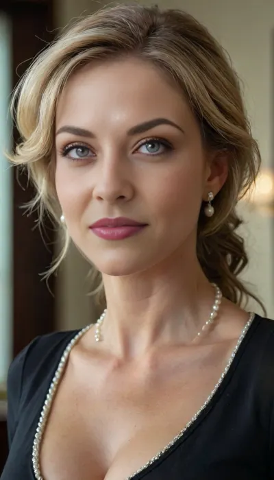 mature secretary portrait only, face only detailled, smiling, deep cleavage, pearl chain, profile view, 4ng3l, face, <lora:SDXL_BetterFaces-LoRA_v1:.5>