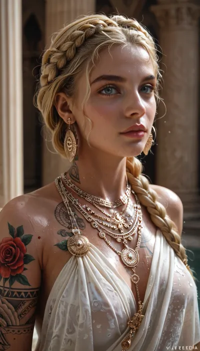 woman, female athlete with braided blonde hair, wearing a white Roman toga, intricate jewelry and tattoos
