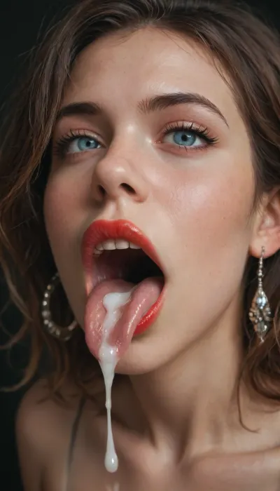 picture of an open mouth with red lipstick, only mouth is visible, extreme close-up, zoom in, huge black 20 inch black BBC dick resting on tongue, cum bursting out of dick, tongue sticking out, oral cumshot, projectile cum, cum on tongue, black background