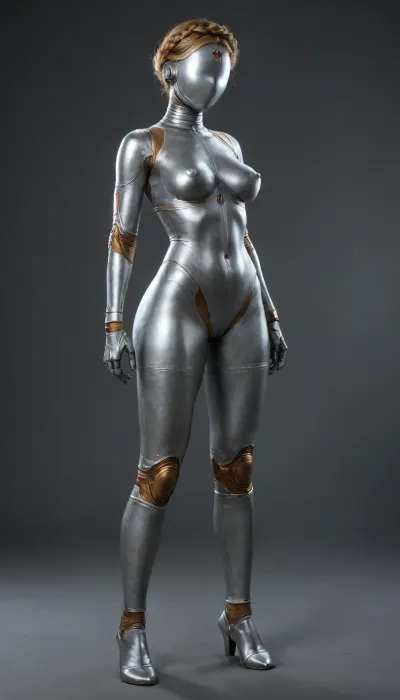 girl from Atomic Heart video game, Atomic Heart outfit, 1girl, full body view, a cyborg woman with robotic body except her boobs and pussy, excybertechsdxl, robot, Android, side view, mask