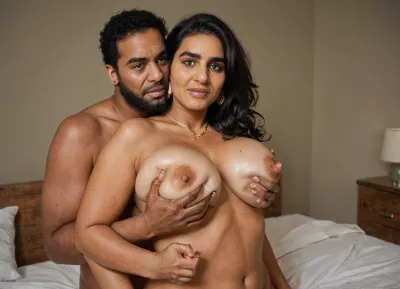 A milf sandwitched between two tall Bearded Muslim men, (ugly bastards), milf, (naked, busty), Muslim man's hands are tightly wrapped around her body, Pakistani Muslim bodybuilder groping the gorgeous milf, large erect penis, (photorealism), breast grabbing, ass grabbing, butthole