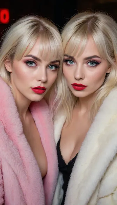 2 women, 2 beautiful English women embracing, ((no pubic hair)), very long shaggy Platinum blonde hair with bangs, looking at the viewer, pouty expression, fashion makeup, red lipstick, perfect eyes, winged eyeliner, heavy eyeliner and black eyeshadow, long fake eyelashes, full lips, wearing a pink fuzzy coat showing cleavage, (8k, RAW photo, best quality, masterpiece:1.4)