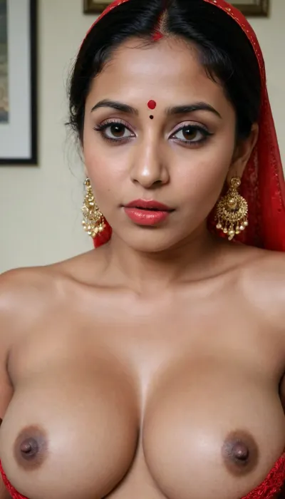 A 30 years old very beautiful sexy horny fully naked lusty Indian wife, thick puffy wide sexy lips, horny look, deep prominent black eyes, closeup look of enormous boobs with erected heard black colored nipples and prominent goosebumps all over the boobs, ((show the red vermilion on head as indian wives usually wear)), show the, ((prominent goosebumps on the boobs)), goose pimples all over the boobs, tiny hair on the brrasts are all erected pimples on face, biting lips in anticipation, goosebumps appearing on skin, fully erected very long hard black colored nipples, biting her bimbo lips in lust, create prominent goosebumps skin on her boobs