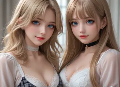 (bust shot:1.3), a beautiful young lady, 1girl, breasts, extremely busty women together, lipstick, makeup, cleavage, lips, anime style eyes, long hair, blonde hair, straight bangs, (smile cutely:1.3), gloves, choker, perfect eyes, tight unifrom shirt, skimpy unifrom shirt, plaid skirt, sheer bra, white bra, black stockings, sexy neck, looking at viewer, magnificent view, wind, intricate iris, AddXL, hyperealist & detailled, masterpiece, <lora:huge_anime_eyes:1.5>, <lora:EnvyZoomSliderXL01:.8>, <lora:add-detail-xl:.6>, <lora:765092_training_data:.9>
