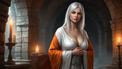 (one woman, Hamal, 55 year old, scandinavian, white medium hair, wrinkles, small breasts, tired face), (inside medieval underground stone temple, silver stone walls, no windows), (open revealing orange medieval robes, exposing breasts), (folding arms, crossed arms covering breasts), dark ambiance, perfect straight eyes, artwork, digital painting, concept art, flat colors, loading screen art style, <lora:LegendDarkFantasy-000001:.5>