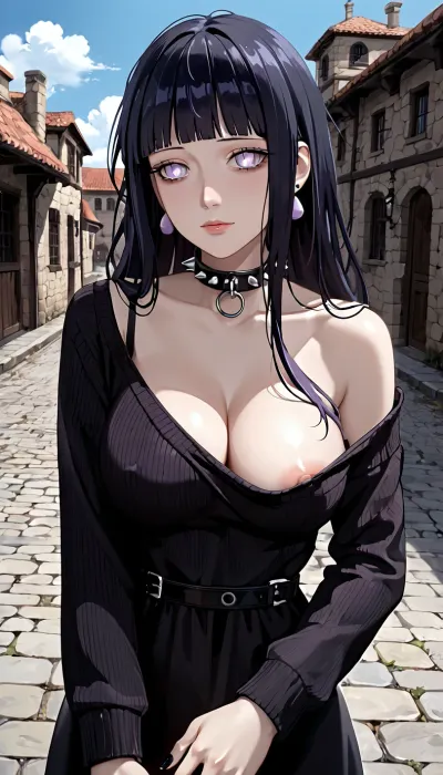1girl, cleavage, dress, solo, long hair, black hair, large breasts, nail polish, fingernails, no bra, hand grabbing breast, dress dopping from one side revealing breast, nipple slip, long sleeves, collarbone, jewelry, collar, black dress, earrings, gothic, sky, day, sweater, off shoulder, alternate breast size, scar, spikes, blue sky, black nails, spiked collar, bags under eyes, off-shoulder dress, sweater dress, scar on neck, electrolarynx, self harm, (hinata, 2girl, hyuuga, purple, eyes, white, blunt, bangs), <lora:Hinata_XL:1>