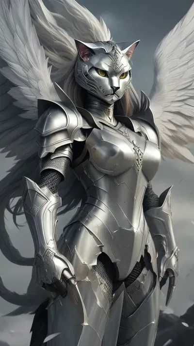 Armored cat, beautiful armor, feline, graceful, engraved, elegant design, armored cat head, combat pose, Angel wings, flat chest, banner