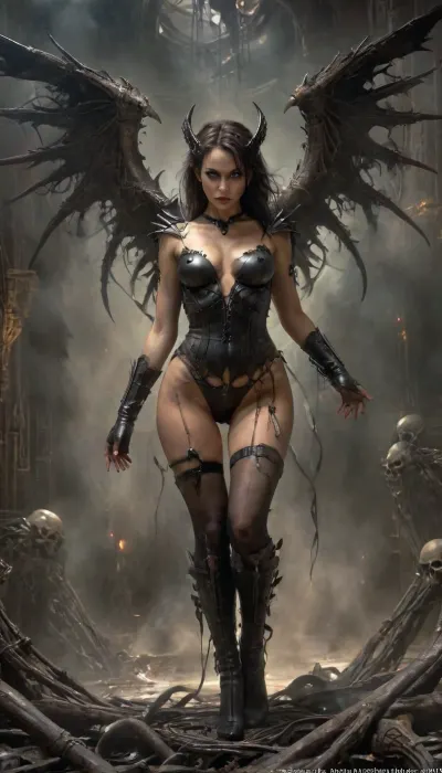 Beautiful mature sexy woman, sexy wife, 35 year old, Dark thinkerbell, wings, d&d character, tall, stockings, leather clothing, dark fantasy, scared eyes, angry, psychotic, intricate details, iridescent, vivid colours, trending on artstation, Michael Garmash, Luis Royo, Dark, Fantasy, page, DonMn1ghtm4reXL, y4nn, bailing_darkness, a, girl, made, of, black, smoke, skeletons, by, the, 1, group, circuitboard, dark, futuristic, <lora:Dark Fantasy:.5>, <lora:DonMGl00myN1gh7m4r3XL:.5>, <lora:Randommaxx_dark_offset_v1.1_lora_fp16:.5>, <lora:y4nn:.5>, <lora:xl-shanbailing-1126darkness黑暗:.5>
