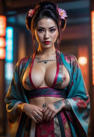 Cyberpunk geisha, open kimono, cleavage, large breasts, vibrant tattoos