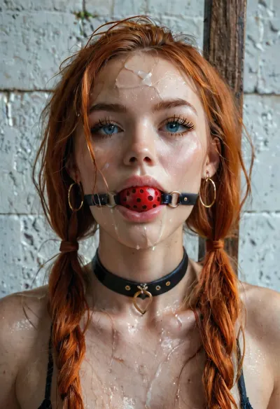 best quality, ultra-realistic, detailed skin, beautiful ginger woman wearing a large ballgag, instagram model, skinny, 40 years old, pigtails hairstyle, messy hair, face of a top model, thin face, big lush eyelashes, standing, noose around her neck is pulled up, she can't breathe, a noose around her neck pulls her neck up, her face is red from asphyxia, veins swollen on her forehead, hanging, execution, <lora:ballgag:1>, <lora:282746_training_data:.5>